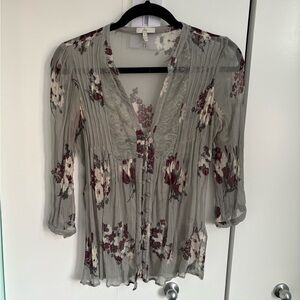 Joie Gray Sheer Floral Button-Up Blouse with Burgundy Accents